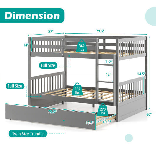 Full over Full Bunk Bed Platform Wood Bed with Ladder-Gray - Color: Gray D681-HW65358GR+