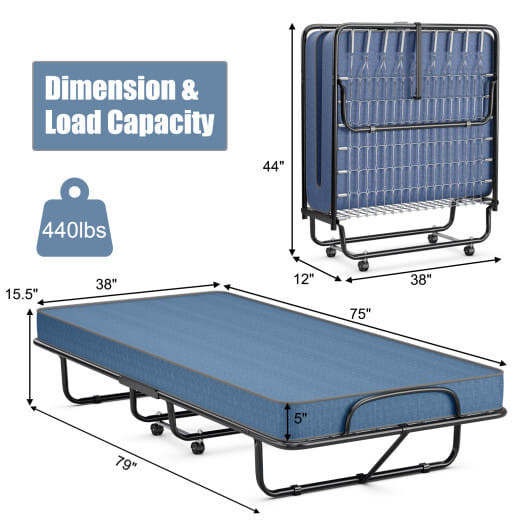 Rollaway Guest Bed with Sturdy Steel Frame and Memory Foam Mattress Made in Italy-Navy - Color: Navy D681-HW69534NY