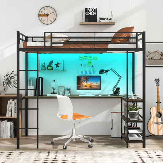 Twin Size Loft Bed Raised Platform Bed with Desk and 2 Storage Shelves-Black - Color: Black D681-HU10739DK