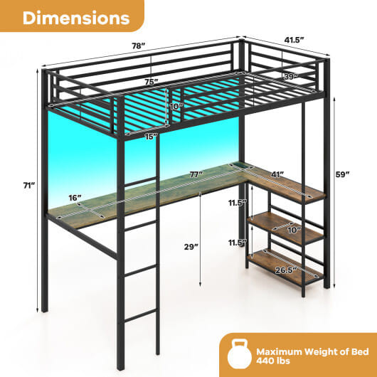 Twin Size Loft Bed Raised Platform Bed with Desk and 2 Storage Shelves-Black - Color: Black D681-HU10739DK