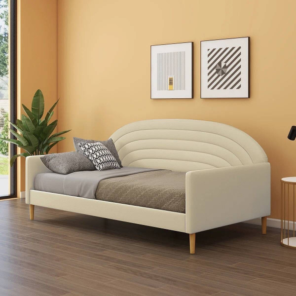Twin size Mid-Century Modern Off-White Cream Velvet Upholstered Daybed Q280-CRUDB253917519