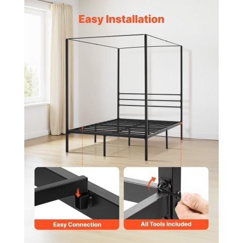 Full Size Canopy Bed Frame, Metal Canopy Bed with Four Posters Design, Heavy Duty Steel Slats Suppo E415-HGCJSFGFULLHSXSHO001V0