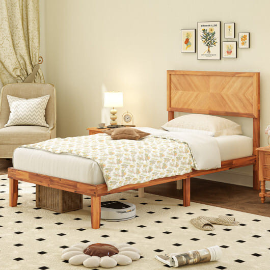 Twin/Full/Queen Size Bed Frame with Headboard and Storage Space-Twin Size - Color: Natural - Size:  D681-HU10859NA-T