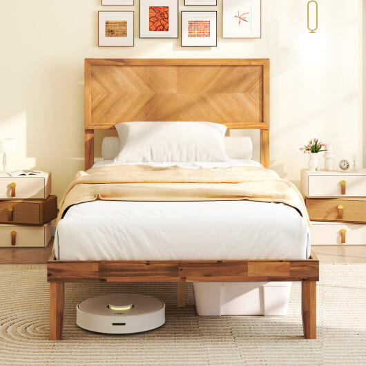 Twin/Full/Queen Size Bed Frame with Headboard and Storage Space-Twin Size - Color: Natural - Size:  D681-HU10859NA-T