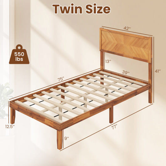 Twin/Full/Queen Size Bed Frame with Headboard and Storage Space-Twin Size - Color: Natural - Size:  D681-HU10859NA-T