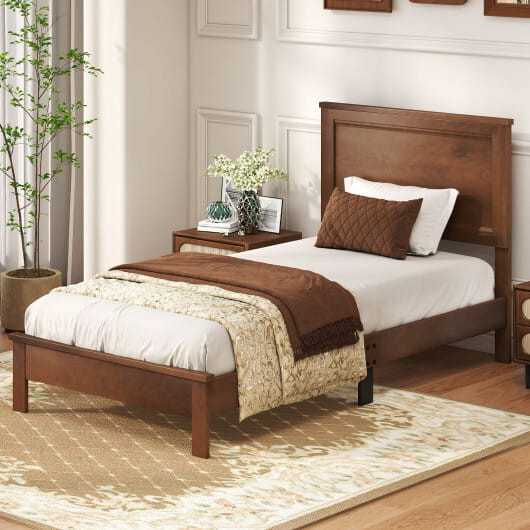 Twin Size Wooden Bed Frame with Headboard and Slat Support-Walnut - Color: Walnut - Size: Twin Size D681-HU10900WN-T