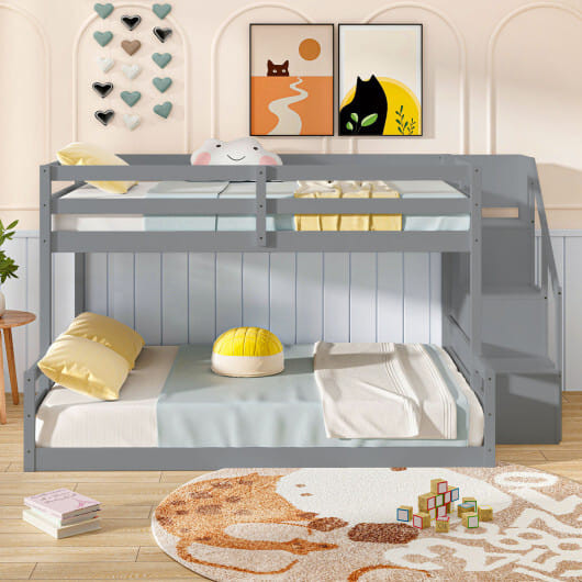 Solid Wood Twin Over Full Low Bunk Bed with Storage Stairs-Grey - Color: Gray D681-HU10919GR+