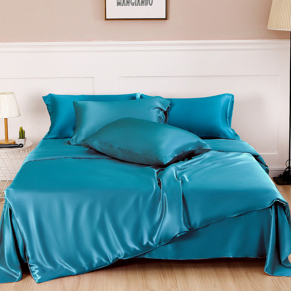Color: Peacock blue, Size: 1.8m fitted sheet - Silk Four Piece Set, Solid Color, Simple Nordic Style Q119-CJCS161279016PK