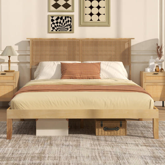 Twin/Full/Queen Size Bed Frame with Rattan Headboard-Queen Size - Color: Natural - Size: Queen Size D681-HU10801NA-Q