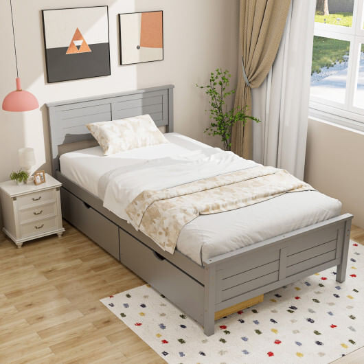 Twin Size Bed Frame with Storage Drawers-Gray - Color: Gray - Size: Twin Size D681-HU10561GR-T