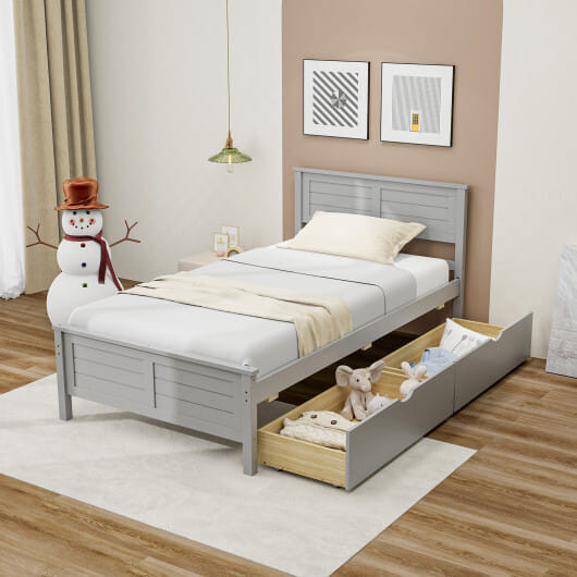 Twin Size Bed Frame with Storage Drawers-Gray - Color: Gray - Size: Twin Size D681-HU10561GR-T