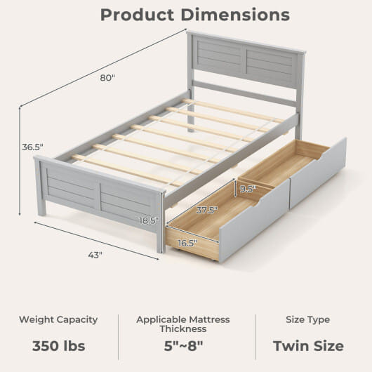 Twin Size Bed Frame with Storage Drawers-Gray - Color: Gray - Size: Twin Size D681-HU10561GR-T