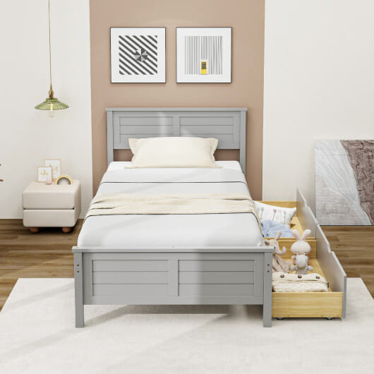 Twin Size Bed Frame with Storage Drawers-Gray - Color: Gray - Size: Twin Size D681-HU10561GR-T