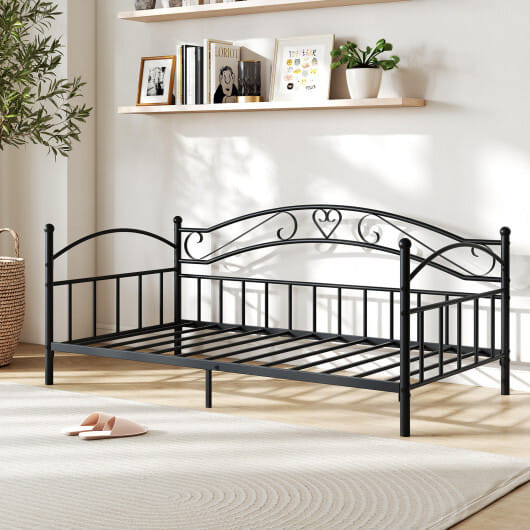 Twin Size Metal Daybed Frame with Headboard for Bedroom-Black - Color: Black D681-HU11050DK-T