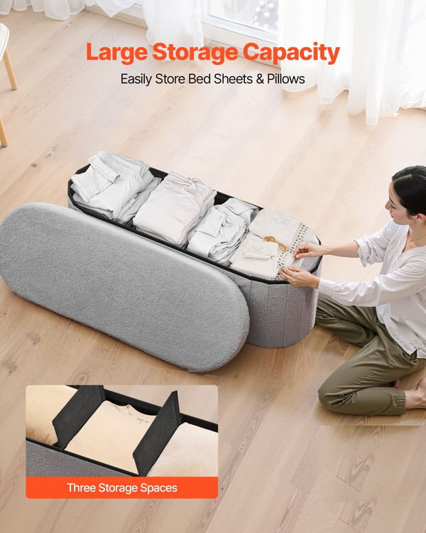 Oval Storage Ottoman Bench, Foldable Teddy Fleece End of Bed Bench, Folding Upholstered Bed Ottoman E415-BYWSZYKZDK40KOB06001V0