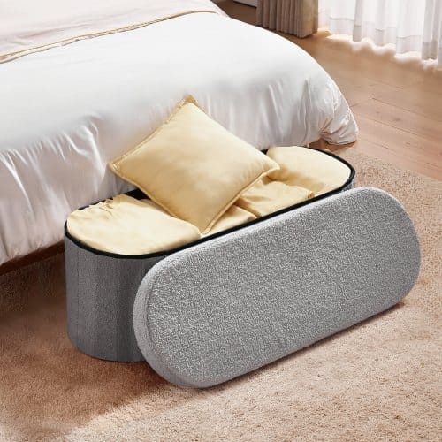 Oval Storage Ottoman Bench, Foldable Teddy Fleece End of Bed Bench, Folding Upholstered Bed Ottoman E415-BYWSZYKZDK40KOB06001V0