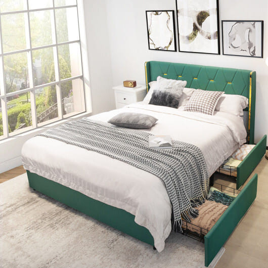Full/Queen Size Upholstered Bed Frame with 4 Drawers-Green-Full Size B593-HU10228GN