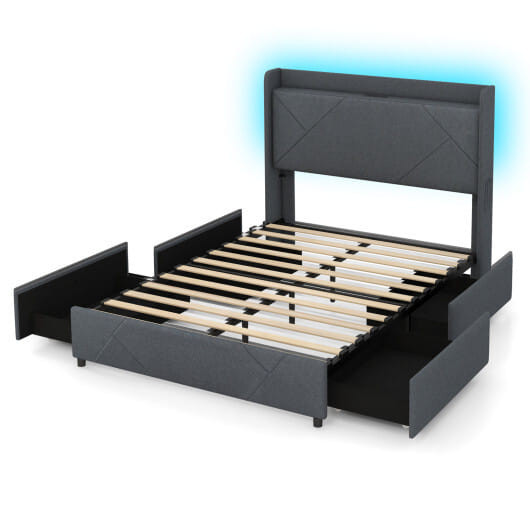 Full/Queen Size Bed Frame with LED Lights and Charging Station-Full Size - Color: Gray - Size: Full D681-HU10582GR-F
