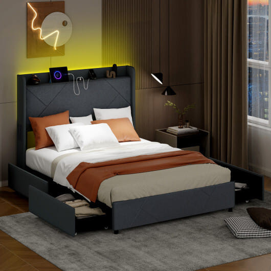 Full/Queen Size Bed Frame with LED Lights and Charging Station-Full Size - Color: Gray - Size: Full D681-HU10582GR-F
