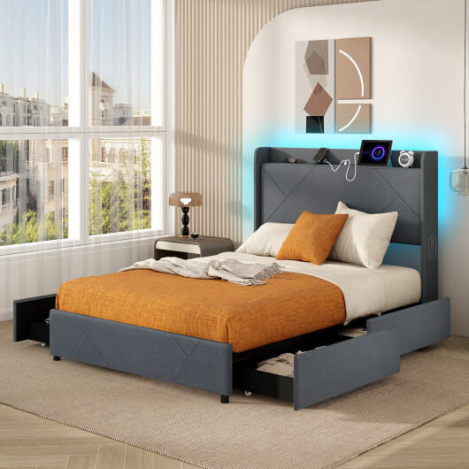 Full/Queen Size Bed Frame with LED Lights and Charging Station-Full Size - Color: Gray - Size: Full D681-HU10582GR-F