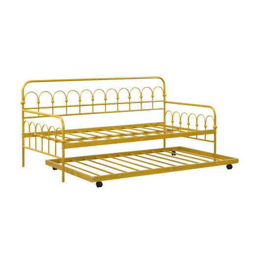 Twin Size Golden Metal Daybed with Trundle and Lockable Wheels-Twin Size - Color: Golden - Size: Tw D681-HU10523GD-T