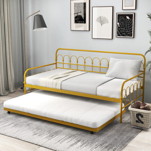 Twin Size Golden Metal Daybed with Trundle and Lockable Wheels-Twin Size - Color: Golden - Size: Tw D681-HU10523GD-T