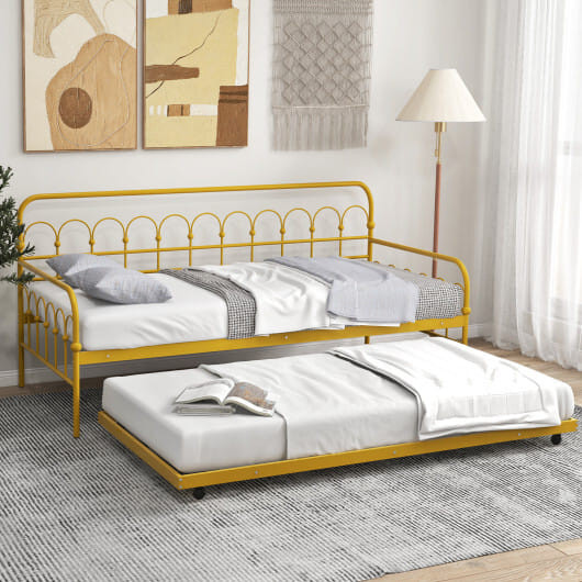 Twin Size Golden Metal Daybed with Trundle and Lockable Wheels-Twin Size - Color: Golden - Size: Tw D681-HU10523GD-T