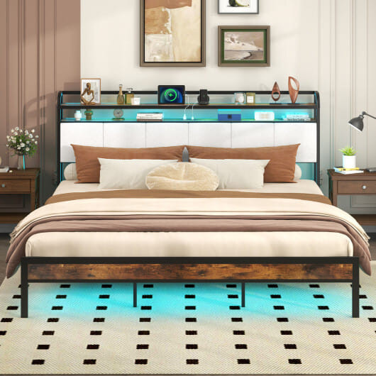Twin/Full/Queen/King Size Bed Frame with LED Light and Charging Station-King Size - Color: Gray - S D681-HU10816GRK+