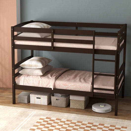 Solid Wood Twin Over Twin Bunk Bed Frame with High Guardrails and Integrated Ladder-Espresso B593-HU10487-T