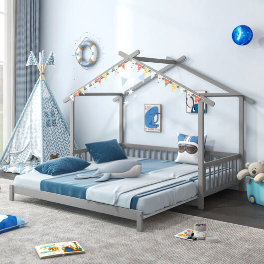 Extendable House Bed Twin to King Daybed with Roof and Fence Rails-Gray - Color: Gray D681-HU10798GR-T