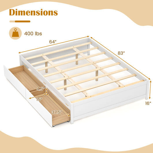 Queen Size Bed Frame with 2 Rolling Storage Drawers-White B593-HU11165-Q