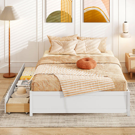 Queen Size Bed Frame with 2 Rolling Storage Drawers-White B593-HU11165-Q