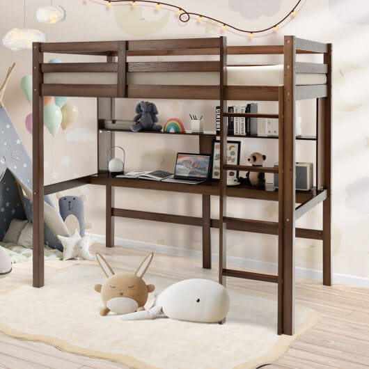Twin Size Solid Wood Slatted Loft Bed Frame with Safety Guardrail for Kid-Brown B593-HY10045+