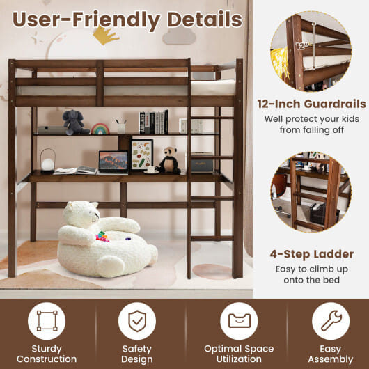 Twin Size Solid Wood Slatted Loft Bed Frame with Safety Guardrail for Kid-Brown B593-HY10045+