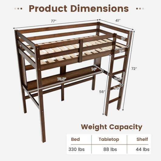 Twin Size Solid Wood Slatted Loft Bed Frame with Safety Guardrail for Kid-Brown B593-HY10045+