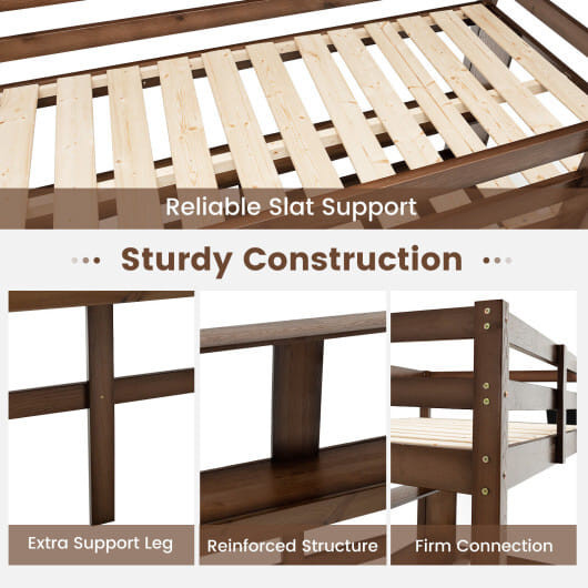 Twin Size Solid Wood Slatted Loft Bed Frame with Safety Guardrail for Kid-Brown B593-HY10045+
