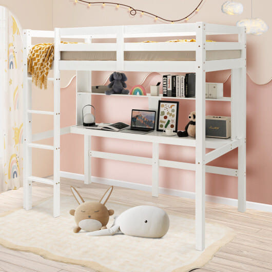 Twin Size Solid Wood Slatted Loft Bed Frame with Safety Guardrail for Kid-Brown B593-HY10045+