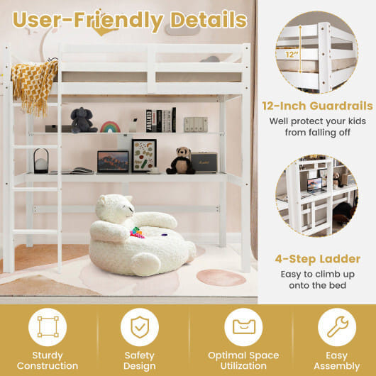 Twin Size Solid Wood Slatted Loft Bed Frame with Safety Guardrail for Kid-Brown B593-HY10045+