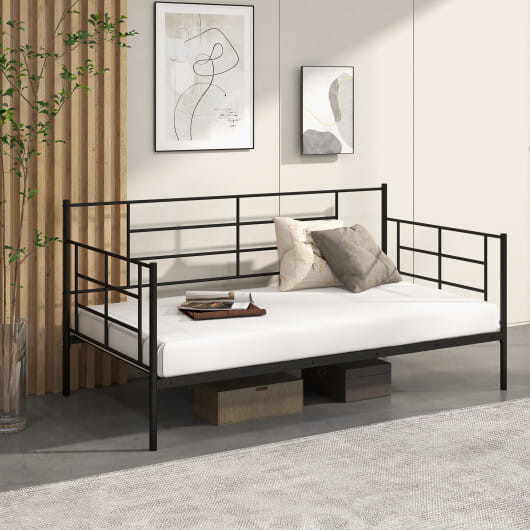 Twin Size Metal Daybed Sofa Bed Frame with Armrests and Backrest - Color: Black D681-HU10484