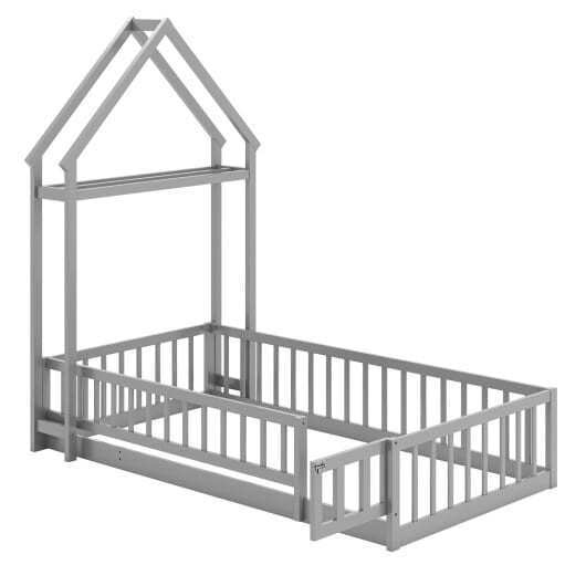 Twin Size House Floor Bed with House-shaped Headboard-Gray - Color: Gray - Size: Twin Size D681-HU11127GY