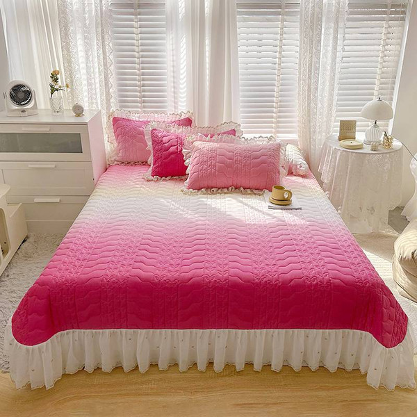 Pattern: Rose Pink, Size Specification: 240x245cm Sheet Bed Cover - Cotton Lace Embroidery Quilted  Q119-CJYD199480326ZA
