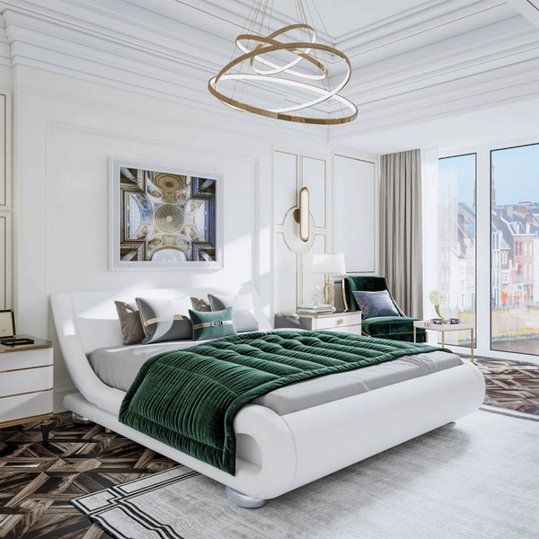 Full Modern White Upholstered Platform Bed Frame with Sleigh Curved Headboard Q280-FWSCLUB21592438
