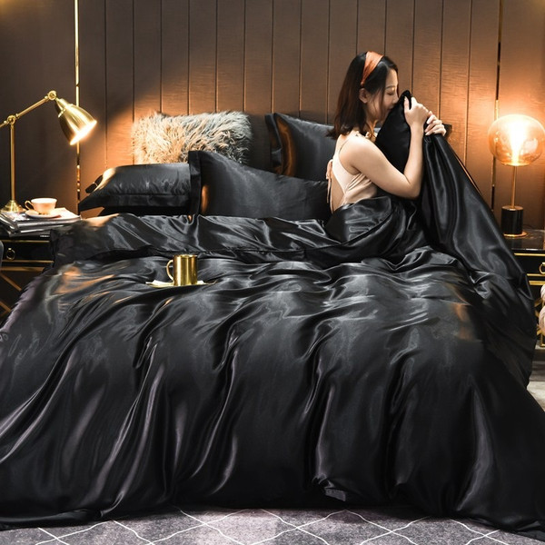 Pattern: Cool Black, Size Specification: 1.8m 4pcs - Pure Color Washed Real Silk Quilt Cover Four-p Q119-CJCS239946017QJ