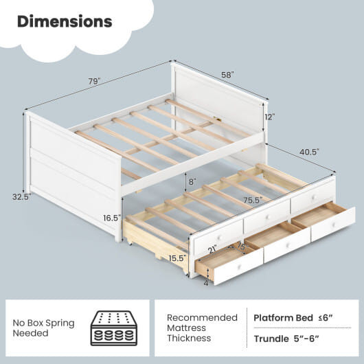 Full Size Bed Frame with Twin Trundle and 3 Storage Drawers for Teens Adults-White B593-HU11272+