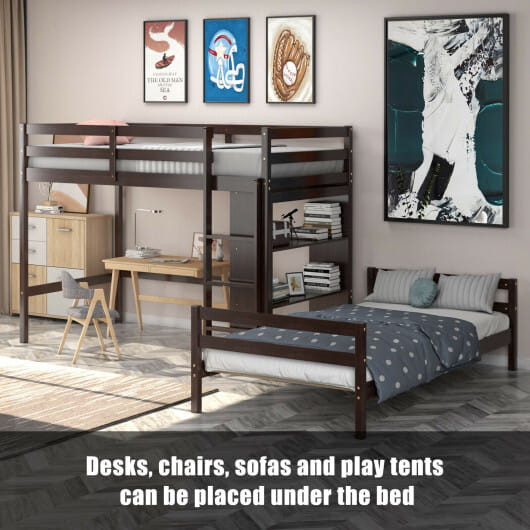 Twin Over Twin Loft Bunk Bed with Bookcase-Dark Brown - Color: Dark Brown D681-HU10042ES+