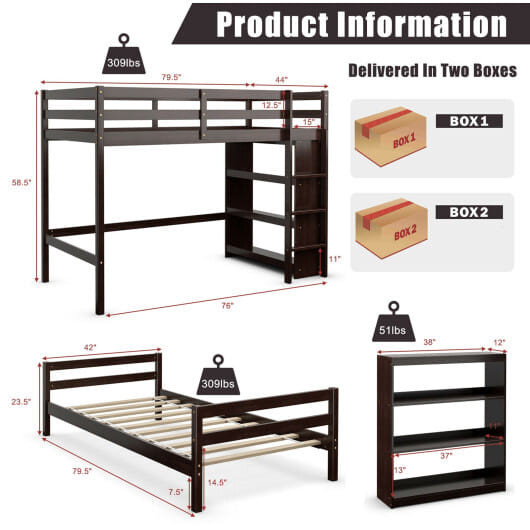 Twin Over Twin Loft Bunk Bed with Bookcase-Dark Brown - Color: Dark Brown D681-HU10042ES+