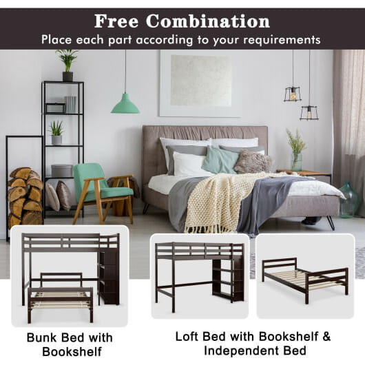 Twin Over Twin Loft Bunk Bed with Bookcase-Dark Brown - Color: Dark Brown D681-HU10042ES+