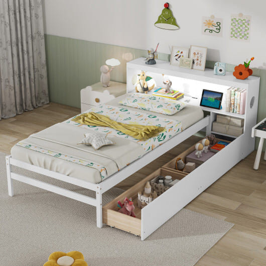 Twin Size Bed Frame with LED Light and Bookcase Headboard-White - Color: White D681-HU10916WH