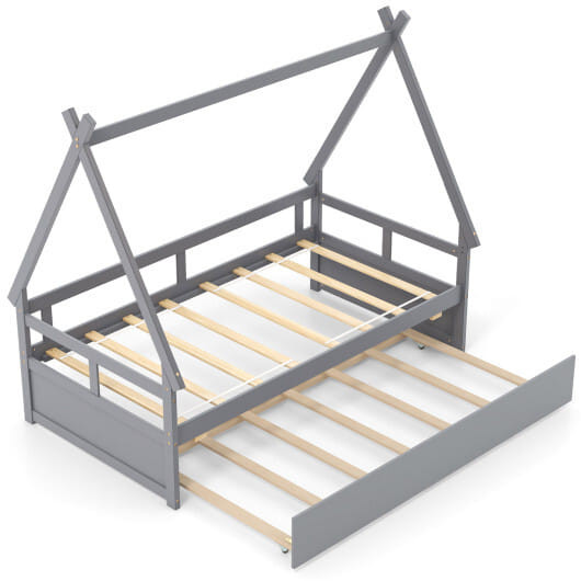 Twin Size House Bed with Trundle and Safety Guardrail-Gray - Color: Gray D681-HU10914GY