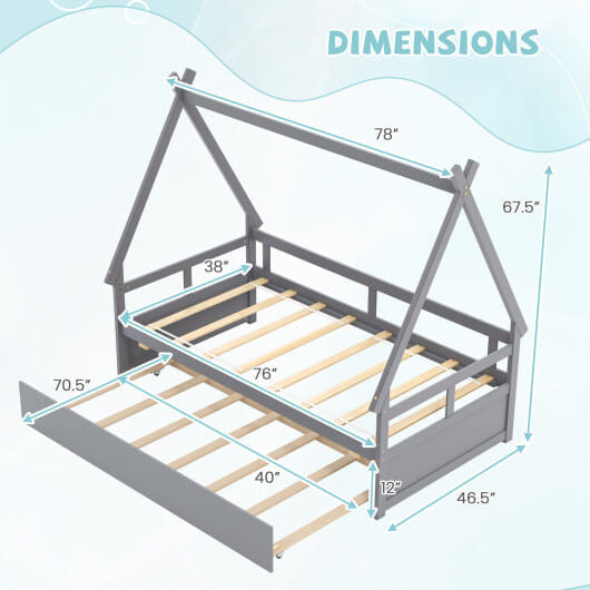 Twin Size House Bed with Trundle and Safety Guardrail-Gray - Color: Gray D681-HU10914GY